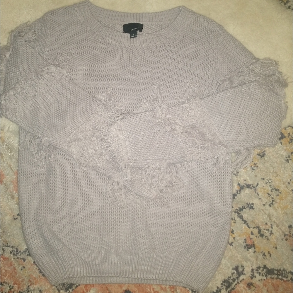 Lumiere Light Gray Crew & Scoop Neck Fringe Sweater Top Small - Picture 2 of 5